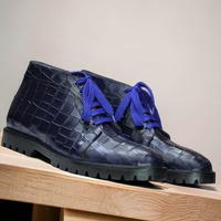 Ankle High Men's Blue Alligator Rubber Sole Lace Up Boot, Designer Boot - Thumbnail 3