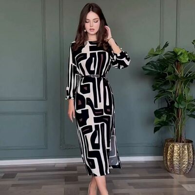 2023 autumn fashion advanced geometry print elegant temperament women's beils dress