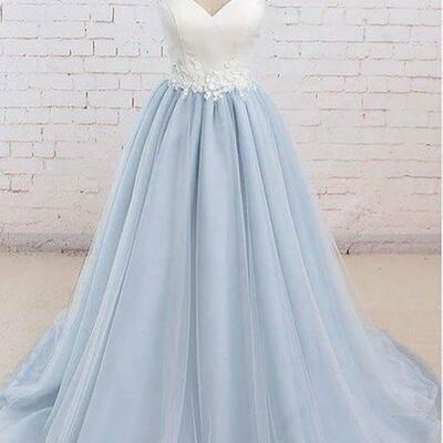 V-neck tulle/satin ball gown long prom dresses,formal dress,wedding party dresses