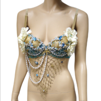Delicate Dripping in Gold Turquoise Mermaid Bra Top Costume Cosplay Dance Costume Rave Bra Rave Wear Halloween Burlesque Show Girl - Thumbnail 2