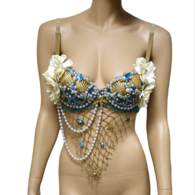 Delicate dripping in gold turquoise mermaid bra top costume cosplay dance costume rave bra rave wear halloween burlesque show girl - Thumbnail 4
