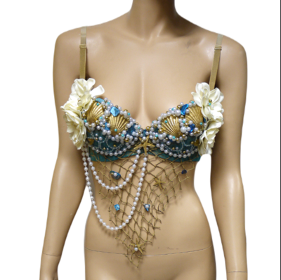Delicate Dripping in Gold Turquoise Mermaid Bra Top Costume Cosplay Dance Costume Rave Bra Rave Wear Halloween Burlesque Show Girl