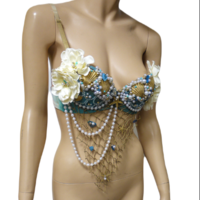 Delicate Dripping in Gold Turquoise Mermaid Bra Top Costume Cosplay Dance Costume Rave Bra Rave Wear Halloween Burlesque Show Girl - Thumbnail 4