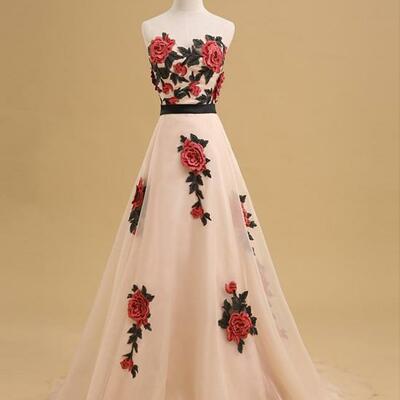 Charming long organza champagne party dress