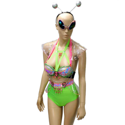 Alien bra skirt and panties in pink and green costume