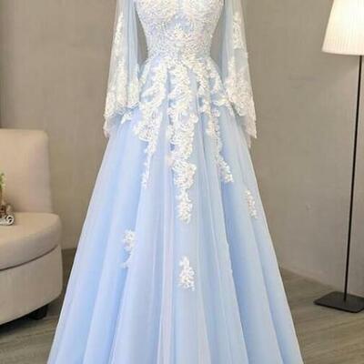 Light blue tulle lace appliques a-line prom dress