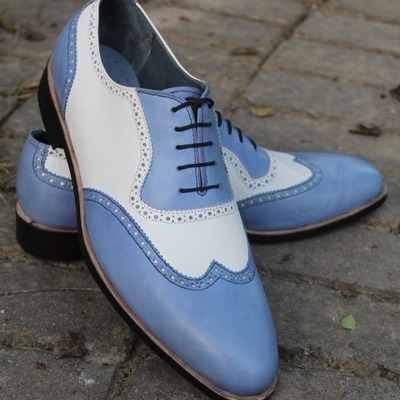 Crafted leather custom made men's blue white wingtip oxford lace up dress shoes - Thumbnail 4