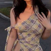 Plaid Halter One Shoulder Mini Dress - Thumbnail 2