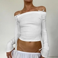 White Bow Off Shoulder Long Sleeve Top - Thumbnail 1