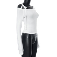 White Bow Off Shoulder Long Sleeve Top - Thumbnail 6