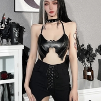 Black PU Leather Bat Crop Top - Thumbnail 4