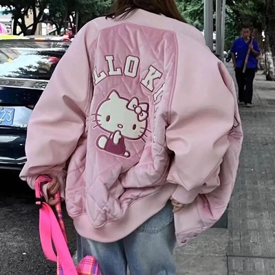 PU Cat Embroidery Thick Baseball Jacket 