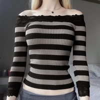 Pink & Black Stripe Off Shoulder Long Sleeve Shirt  - Thumbnail 4
