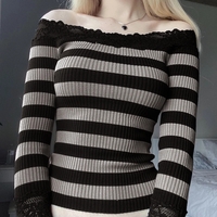 Pink & Black Stripe Off Shoulder Long Sleeve Shirt  - Thumbnail 5