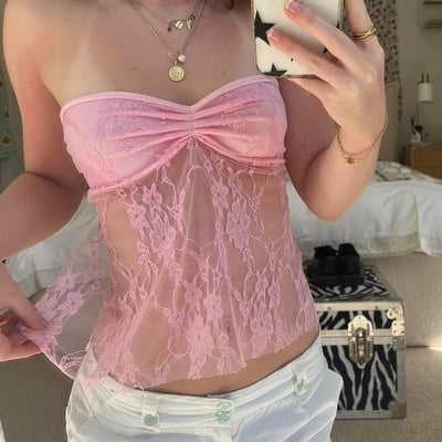 Pink fairy floral lace tube top