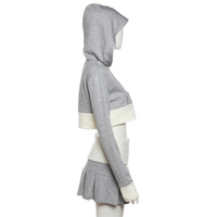 2PCS Grey Cropped Hoodie + Pleated Mini Skirt  - Thumbnail 7
