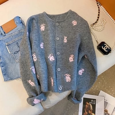 Grey rabbit embroidery knit cardigan 
