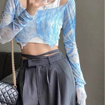 Blue tie dye mesh crop top