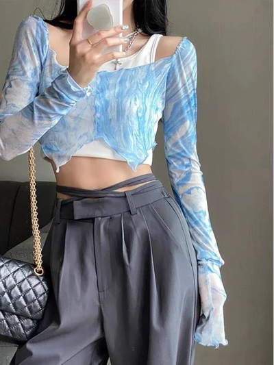 Blue Tie Dye Mesh Crop Top