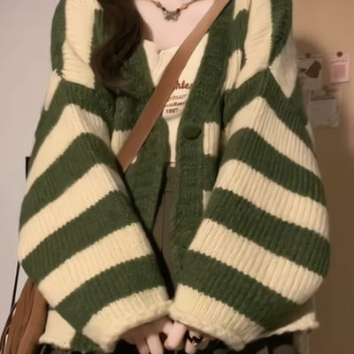 Green stripe loose cardigan 