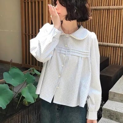 Blue plaid puff long sleeve shirt 