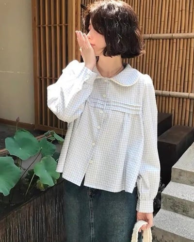 Blue Plaid Puff Long Sleeve Shirt 