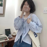 Blue Striped Bandage Long Sleeve Blouse  - Thumbnail 2