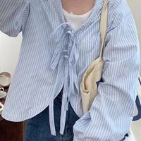 Blue Striped Bandage Long Sleeve Blouse  - Thumbnail 3