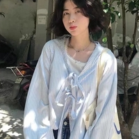 Blue Striped Bandage Long Sleeve Blouse  - Thumbnail 4