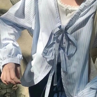 Blue Striped Bandage Long Sleeve Blouse  - Thumbnail 5