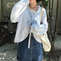 Blue Striped Bandage Long Sleeve Blouse  - Thumbnail 6