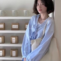 Blue Striped Bandage Long Sleeve Blouse  - Thumbnail 7