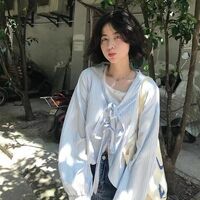 Blue Striped Bandage Long Sleeve Blouse  - Thumbnail 8