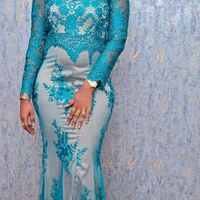 Blue Mermaid Lace Long Sleeve African Prom Dress Evening Gowns - Thumbnail 2