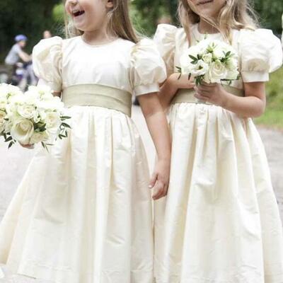 Cute tea length round neck satin flower girl dresses