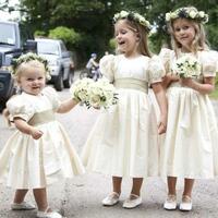 Cute Tea Length Round Neck Satin Flower Girl Dresses - Thumbnail 1