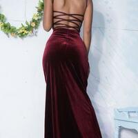 A Line Square Burgundy Velvet Prom Dresses with Criss Cross Back - Thumbnail 2