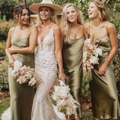 Spaghetti straps ankle length sheath hunter green bridesmaid dresses