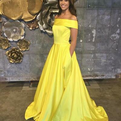 Off the shoulder yellow satin long prom dresses
