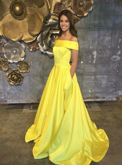 Off the Shoulder Yellow Satin Long Prom Dresses