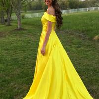 Off the Shoulder Yellow Satin Long Prom Dresses - Thumbnail 1