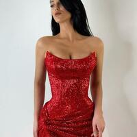Strapless Red Sequins Prom Dresses with Slit - Thumbnail 1