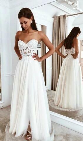 A Line Strapless Beach Chiffon Wedding Dress With Lace