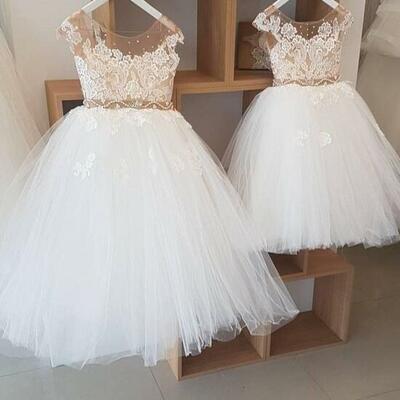 Cute round neck tulle flower girl dresses with lace