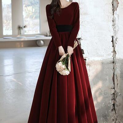 Elegant mermaid wine red velvet prom dress with long sleeves