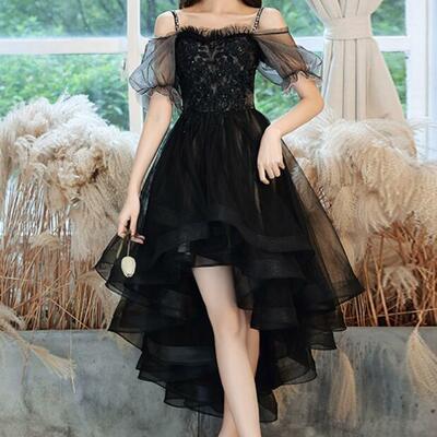 A line black tulle lace high low prom dress  - Thumbnail 2