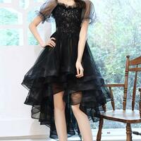 A Line black tulle lace high low prom dress  - Thumbnail 2