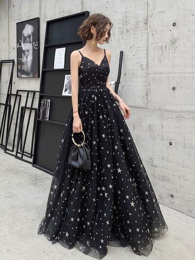 A Line Floor Length Black tulle long prom dress with star