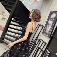 A Line Floor Length Black tulle long prom dress with star - Thumbnail 1