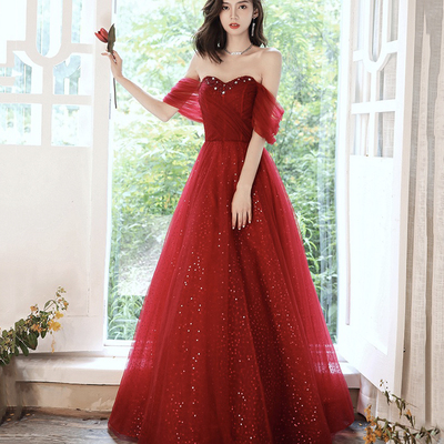 Dark red off the shoulder tulle long a-line prom dress - Thumbnail 1